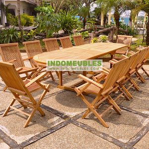 Wooden Teak Outdoor Furniture - Oval Double Extending Table And 12 Pieces Of Folding Arm Chairs