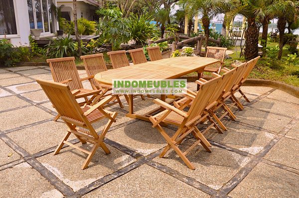 Wooden Teak Outdoor Furniture - Oval Double Extending Table And 12 Pieces Of Folding Arm Chairs